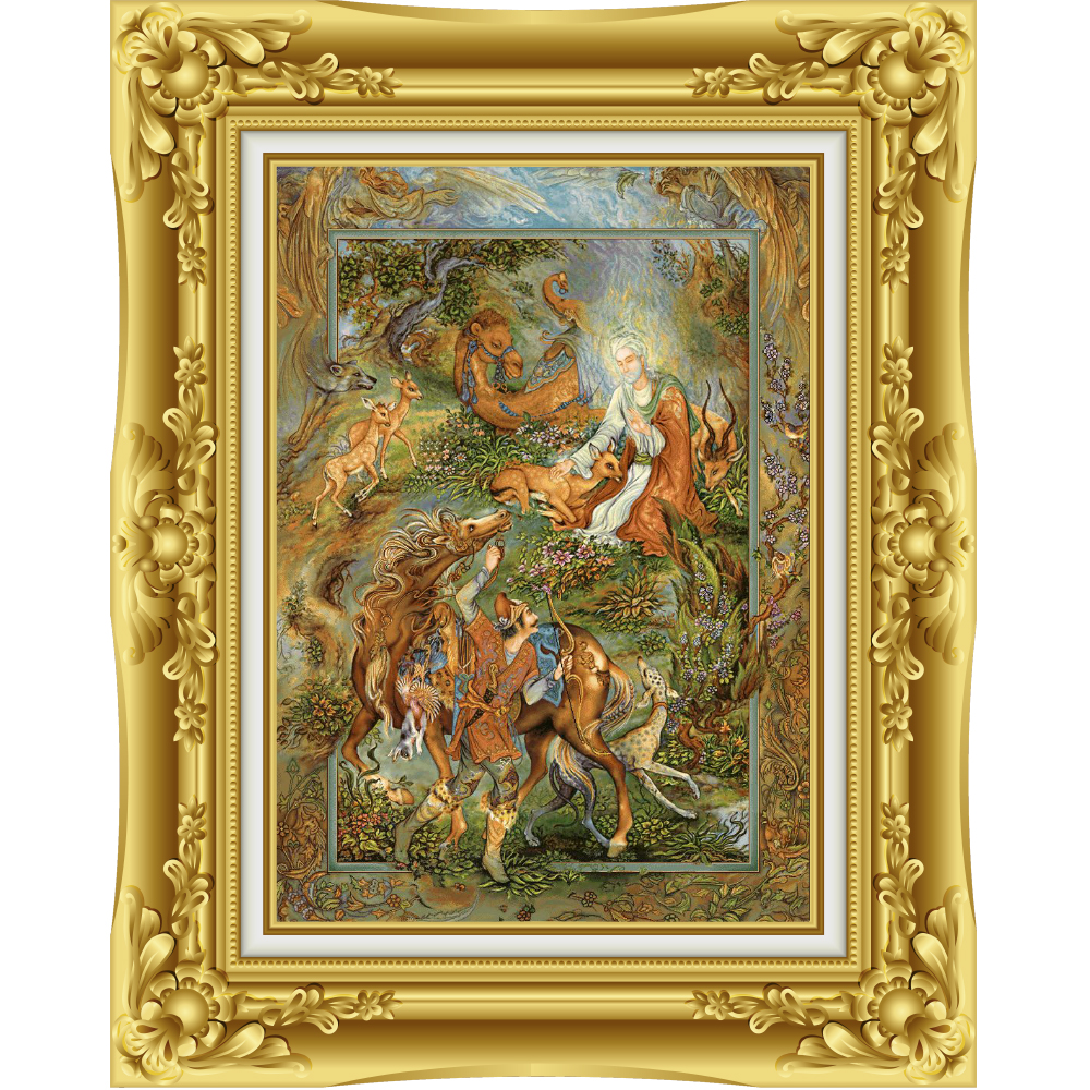 تابلو‌ فرش دستباف مینیاتور ضامن آهو استاد فرشچیان